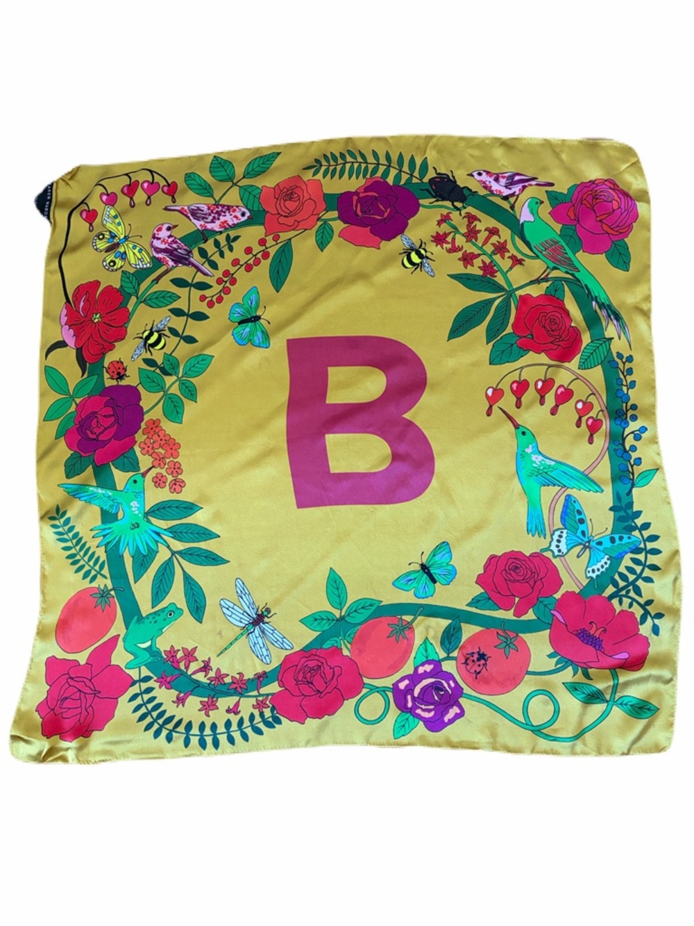 Karen Mabon Monogram 'B' Floral Silk Scarf - Yellow with Pink & Green Accents